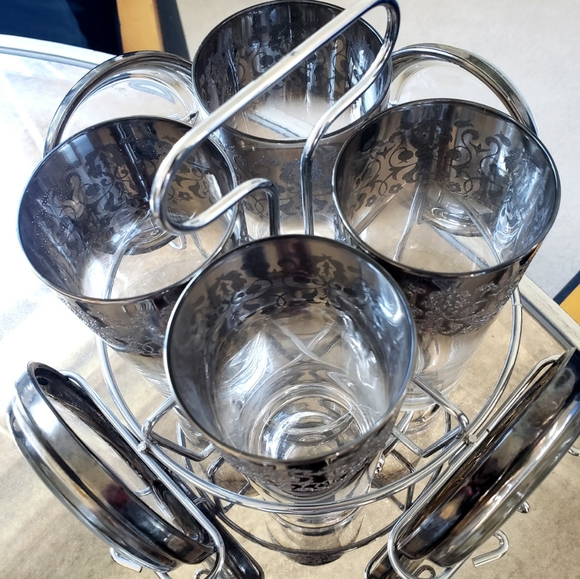 Vintage MCM Mid Century Caddy Silver Highball Glasses & Coaster Set - Picture 2 of 3